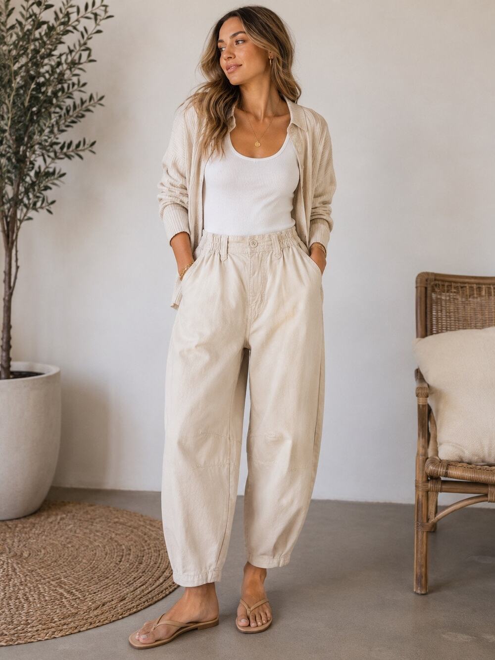 Aerie High Rise Elastic Waist Barrel Leg Ankle Pants Cream Women's Size XS